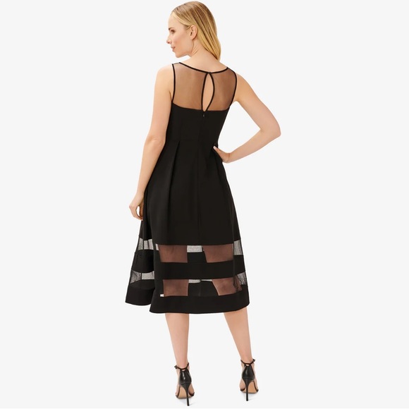 ADRIANNA PAPELL CREPE AND MESH ILLUSION MIDI FIT-FLARE COCKTAIL DRESS IN BLACK - Picture 2 of 13